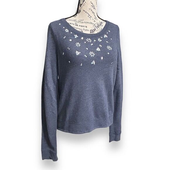 Hollister Heather Blue Gray Sequin Floral Pullover Sweatshirt Winter Preppy Sz S - Picture 3 of 6